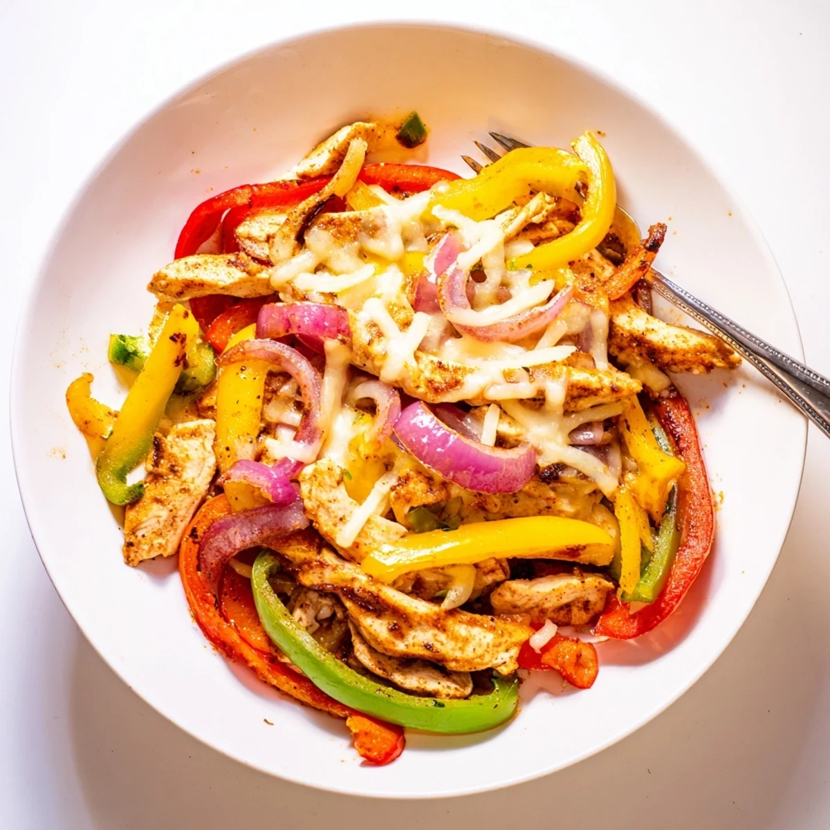 Cheesy Baja Chicken Bell Pepper Skillet with melted cheese, sizzling peppers, fresh cilantro
