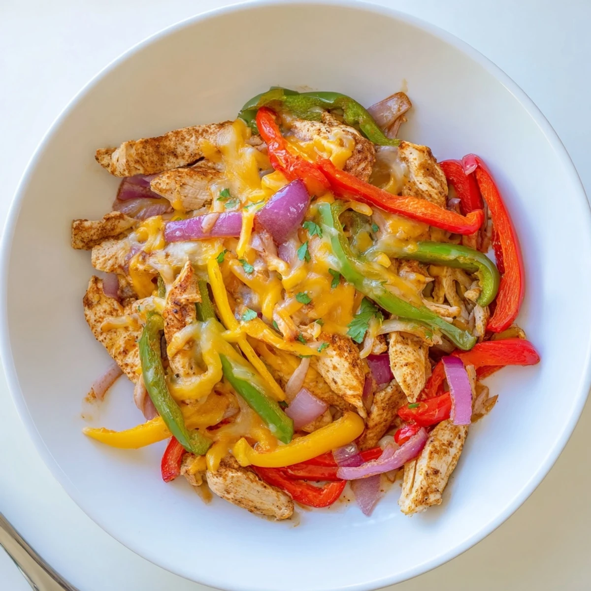 Warm Cheesy Baja Chicken Bell Pepper Skillet served with tortillas and lime wedges