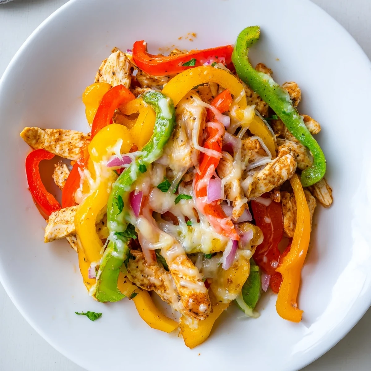 One-pan Cheesy Baja Chicken Bell Pepper Skillet bubbling, smoky spices and gooey cheese