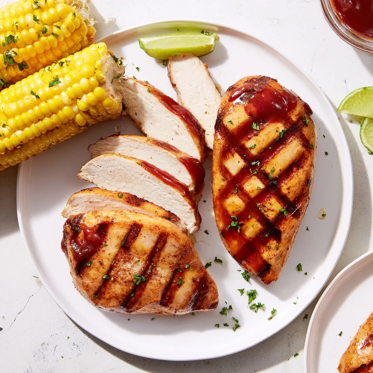 Grilled BBQ Chicken With Corn served with lime wedges and chopped parsley