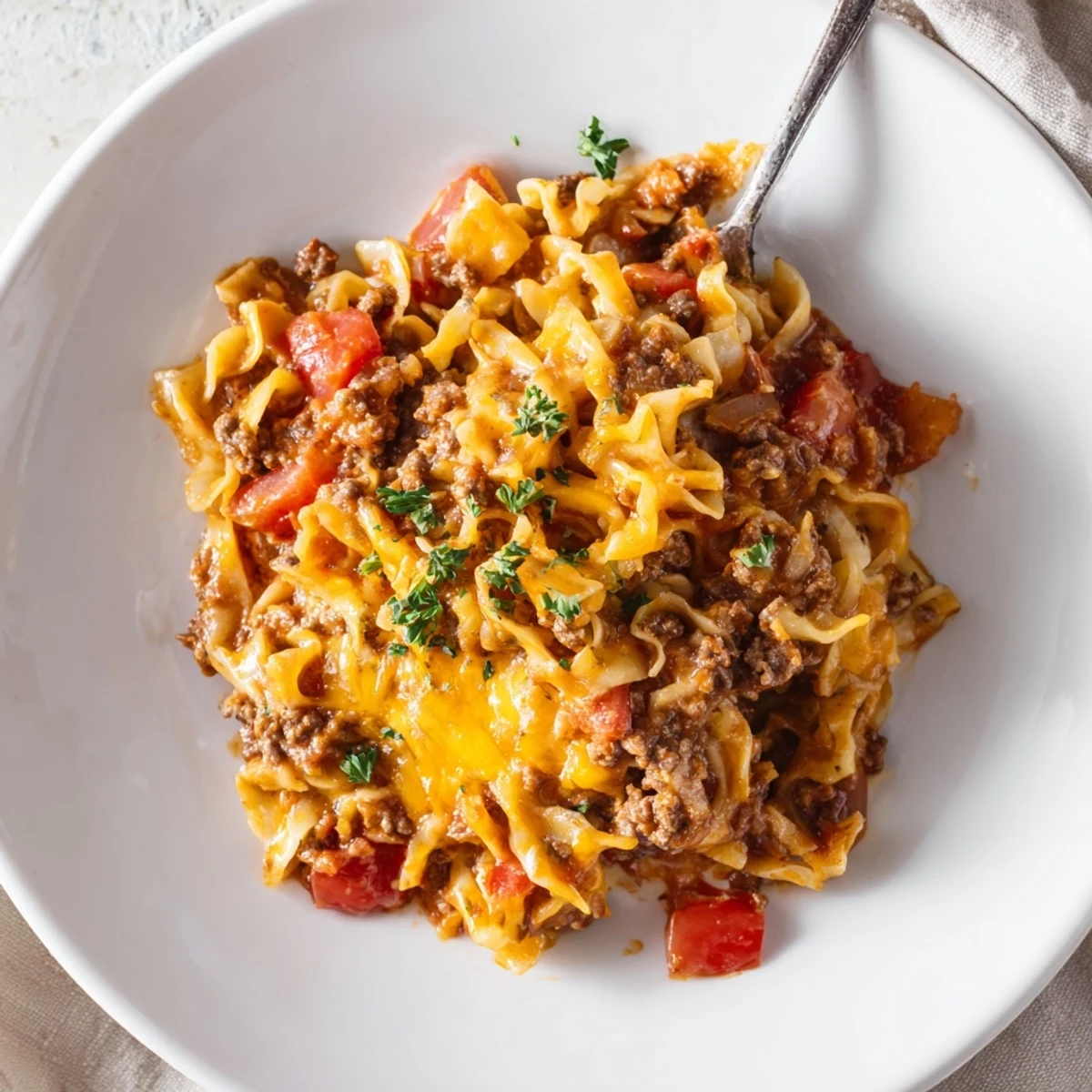Beef Noodle Casserole bubbling in golden cheese, steam rising, served family-style