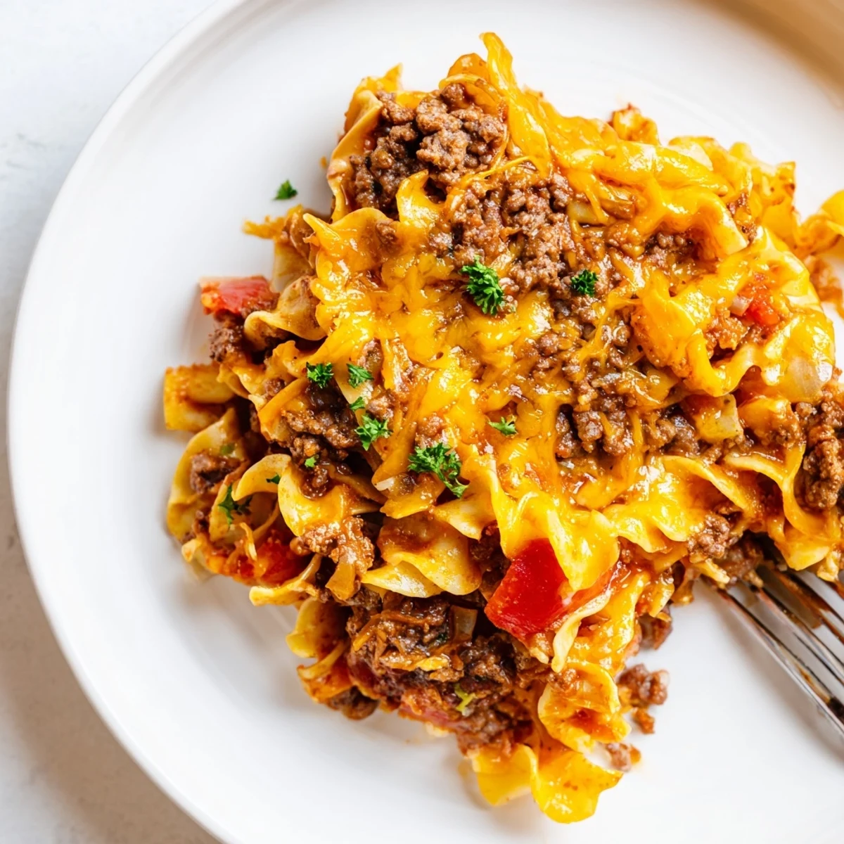Baked Beef Noodle Casserole sliced with gooey cheddar, paired with garlic bread