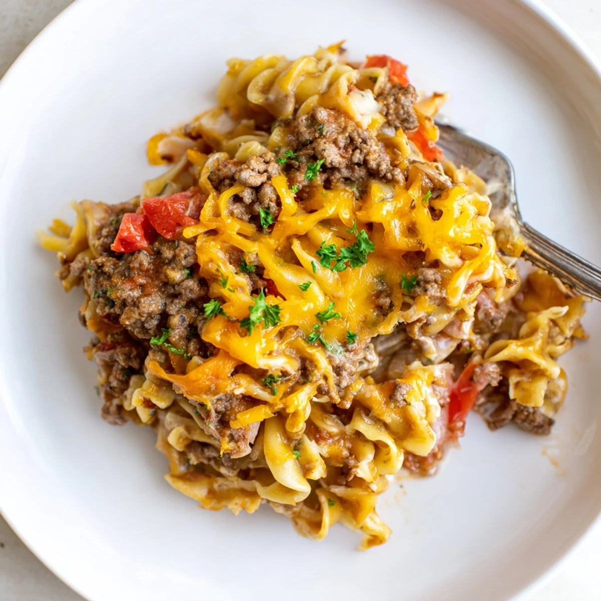 Hearty Beef Noodle Casserole with tender beef, rich tomato sauce, parsley garnish