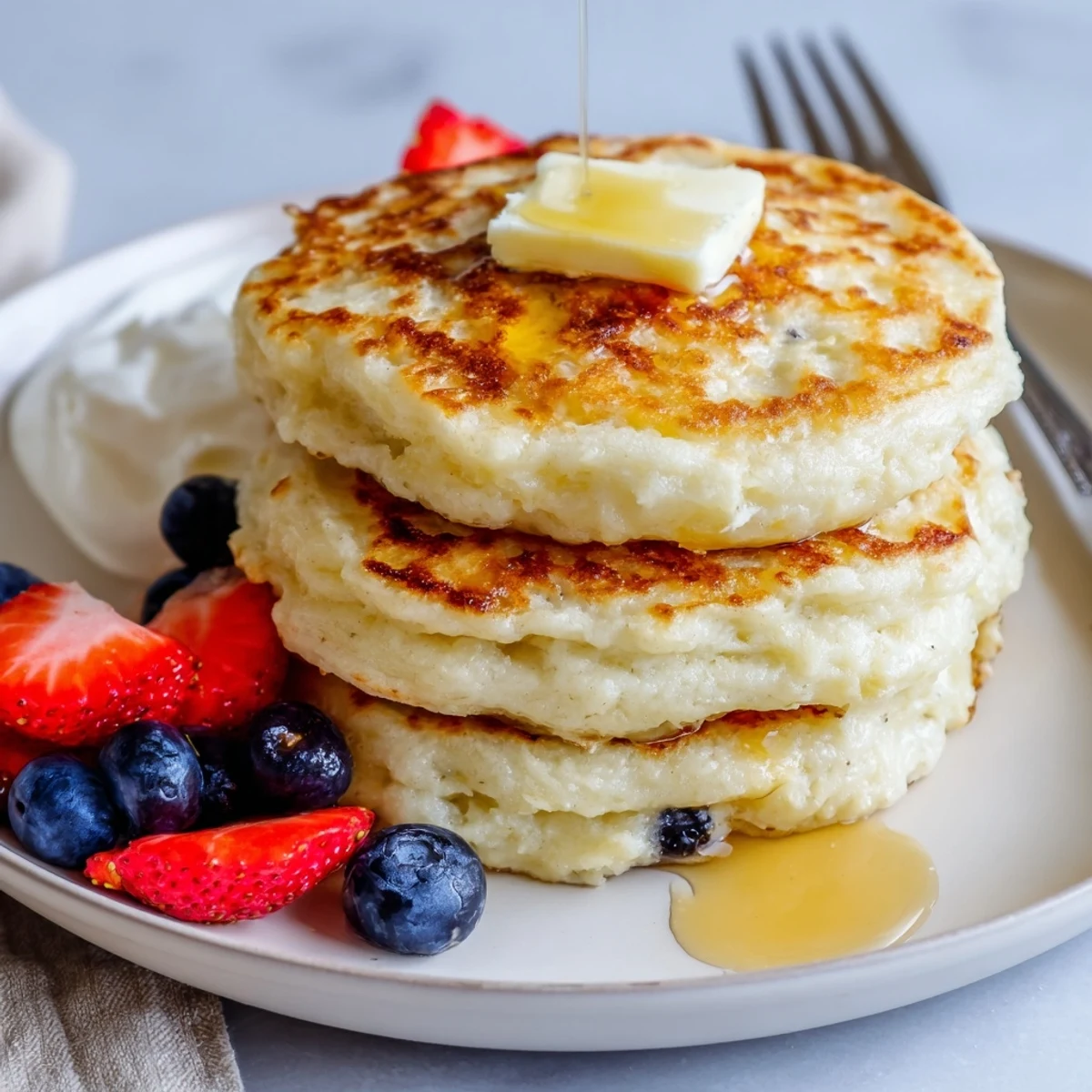 Cottage Cheese Pancakes stacked with berries and warm maple syrup, golden edges.