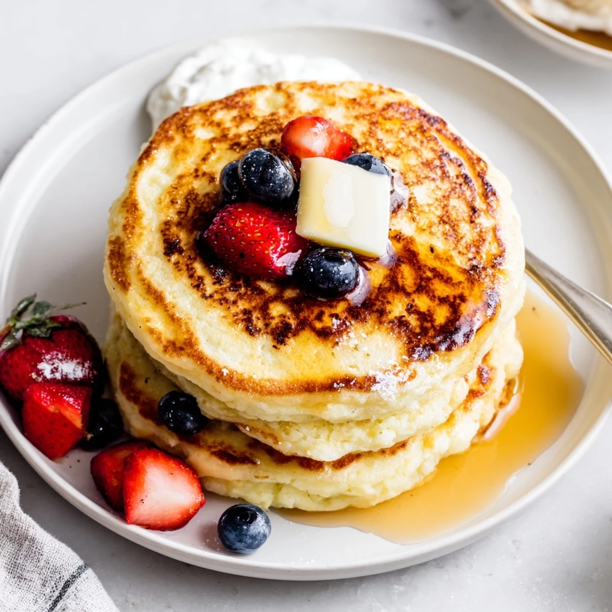 Fluffy Cottage Cheese Pancakes seared on a skillet, served warm with Greek yogurt.