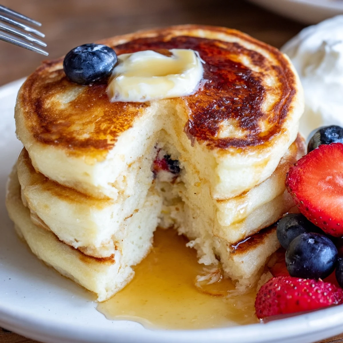 Cottage Cheese Pancakes studded with curds, finished with lemon zest and butter.