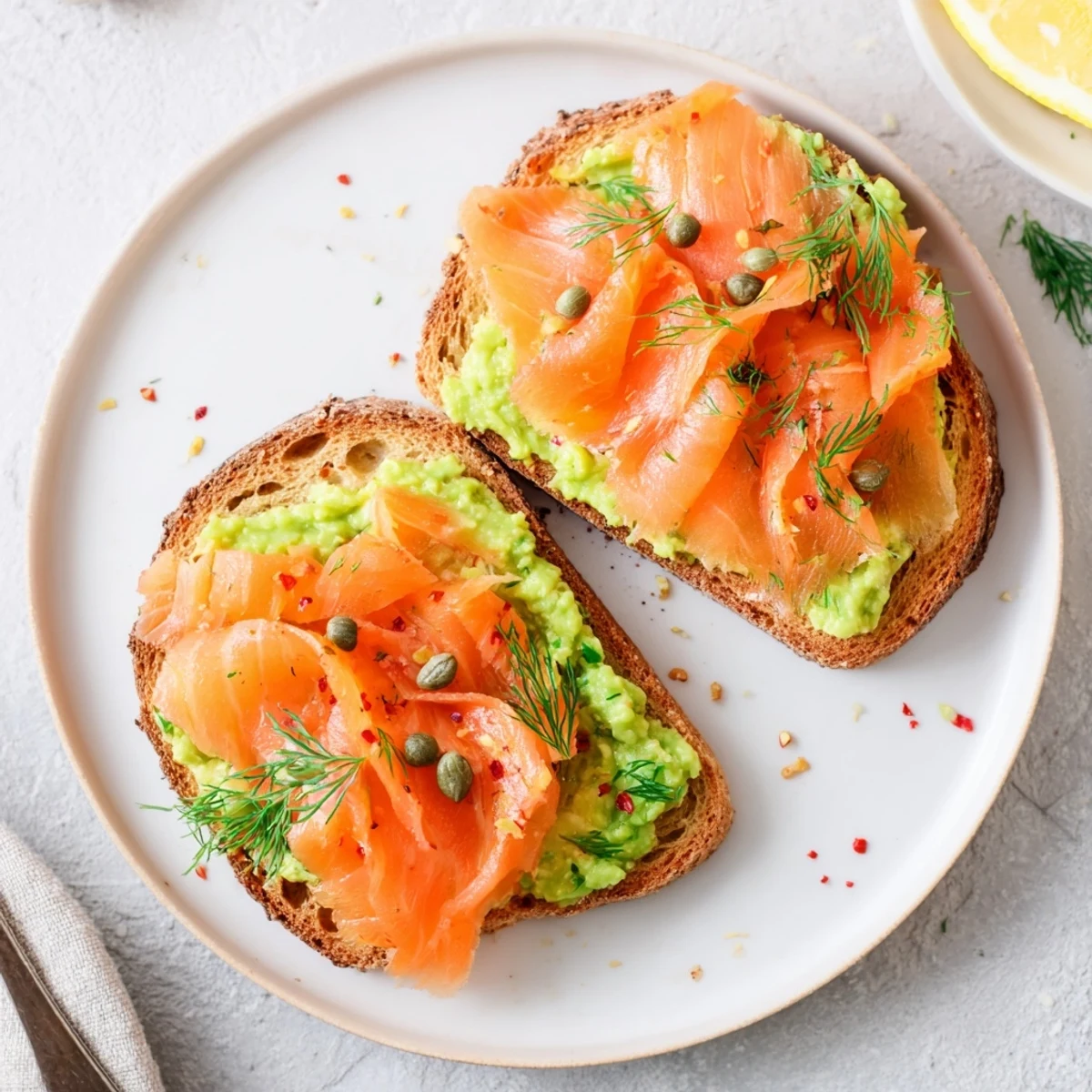 Open-faced Salmon Avocado Toast garnished with capers, dill, lemon for brunch