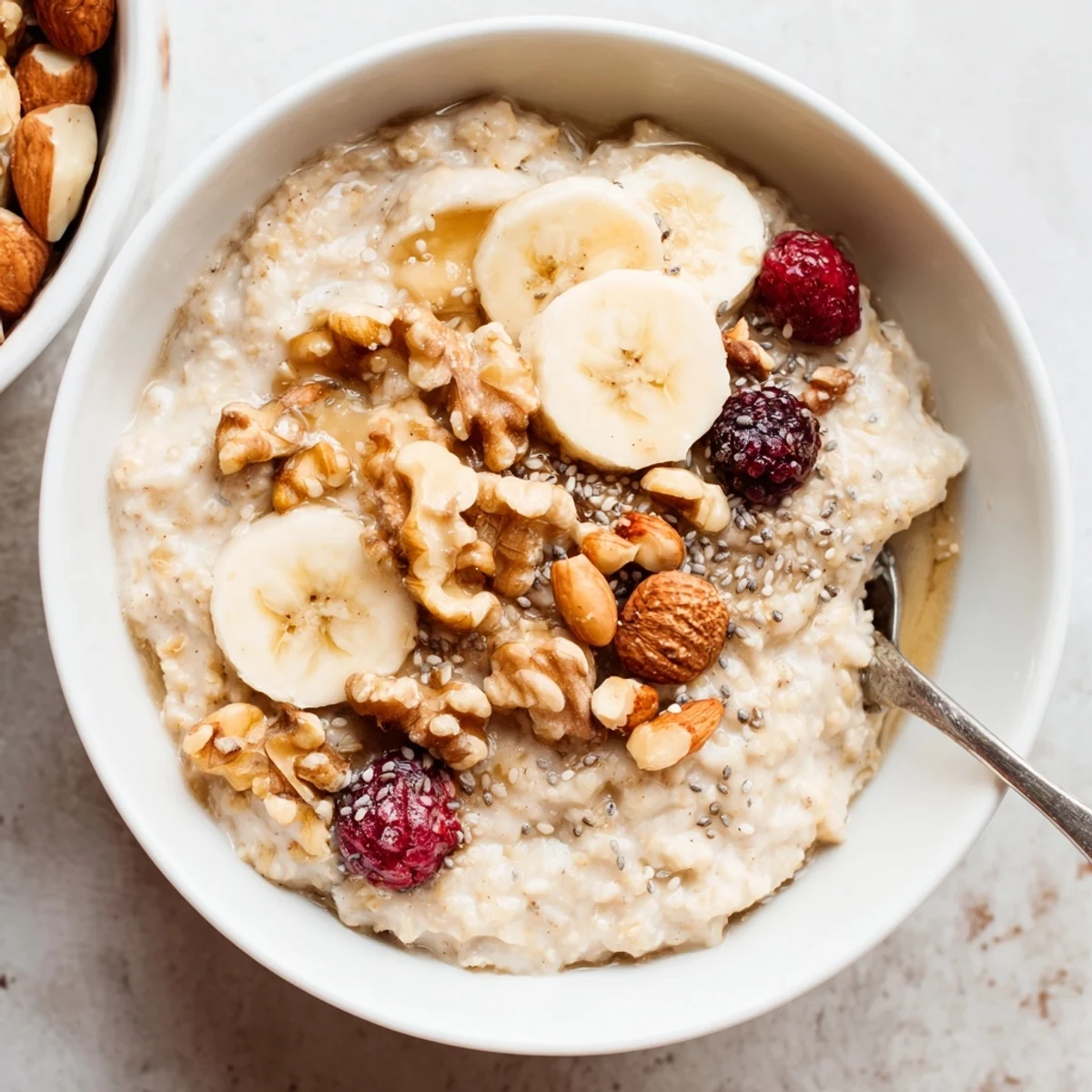 Protein Oatmeal topped with sliced banana, walnuts, and juicy fresh berries