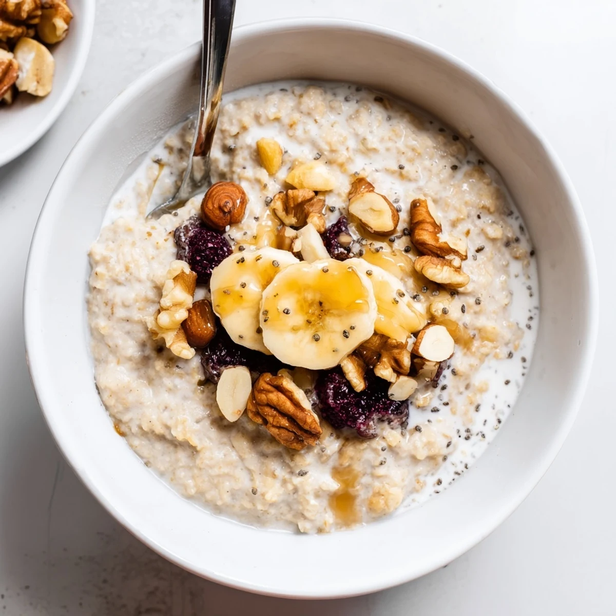 Hearty morning Protein Oatmeal stirred smooth, crowned with crunchy almonds