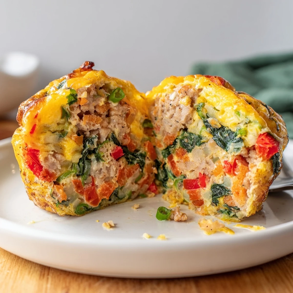 Cheesy Turkey Sausage Egg Muffins cooling in tin, warm savory aroma.  