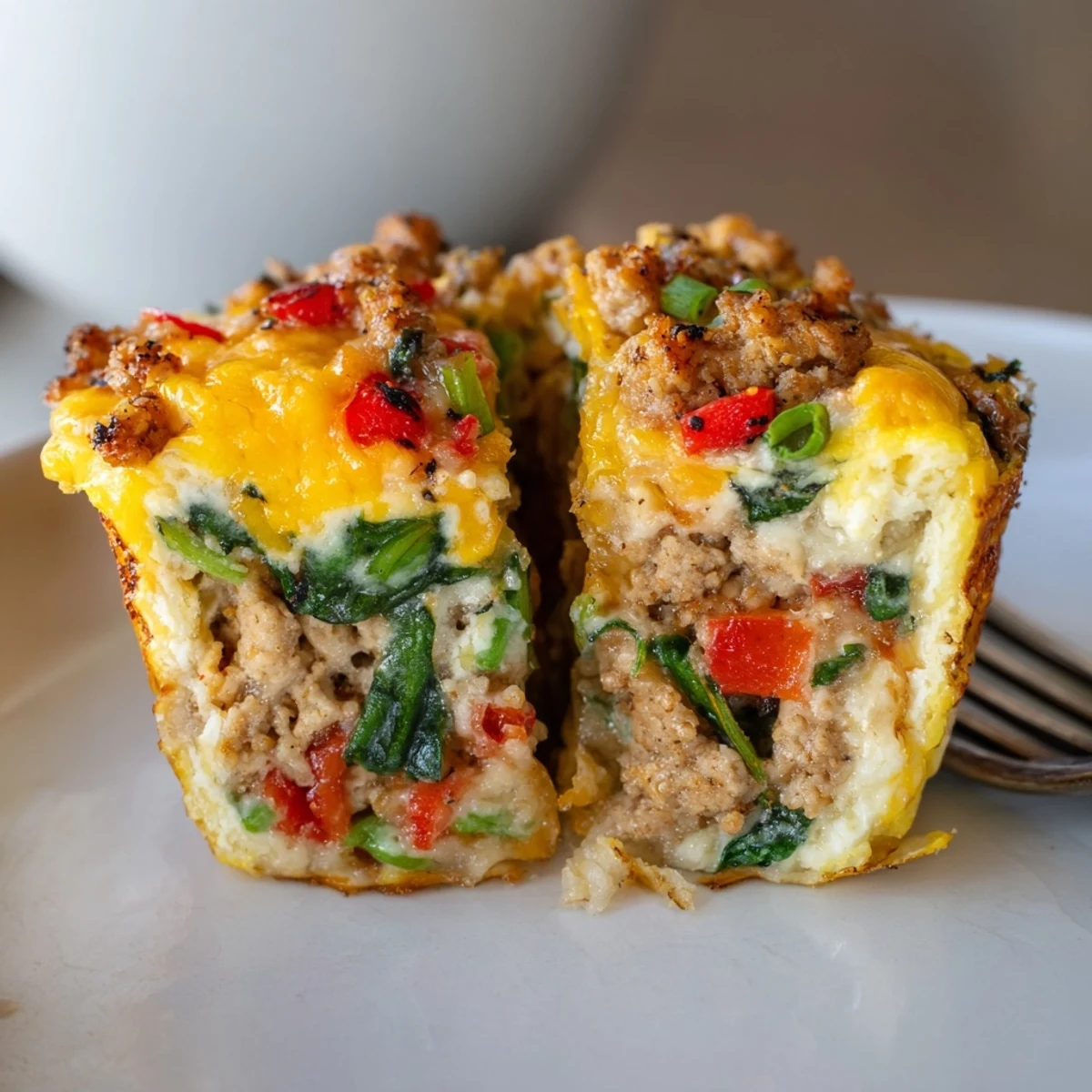 Easy meal prep Turkey Sausage Egg Muffins sliced, served with fresh greens.  