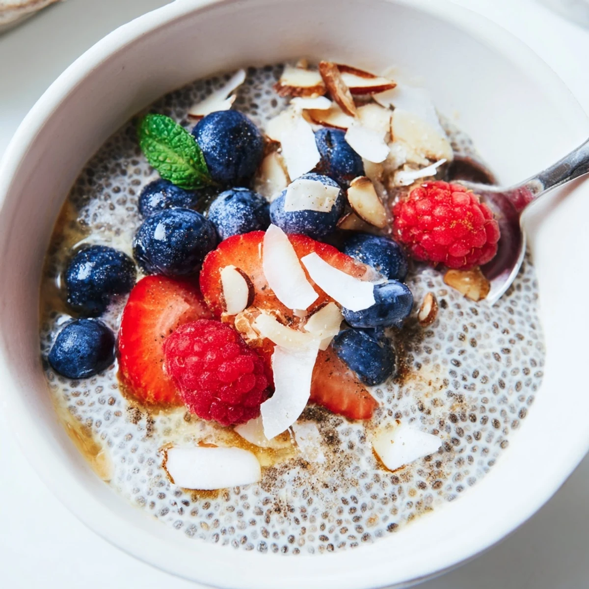 Creamy Chia Seed Pudding topped with fresh berries and toasted almonds