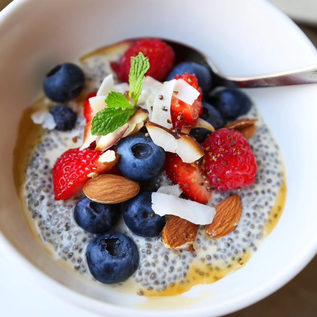 Chia Seed Pudding chilled in jars, silky texture, garnished with mint