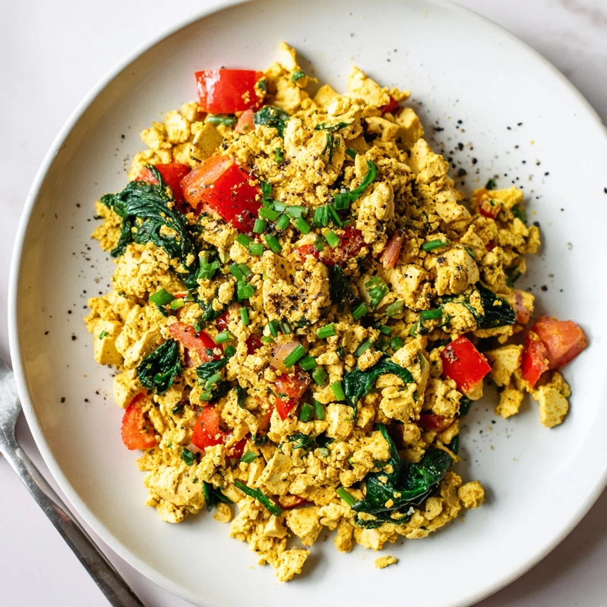 Tofu Scramble sizzling in a skillet with wilted spinach and peppers