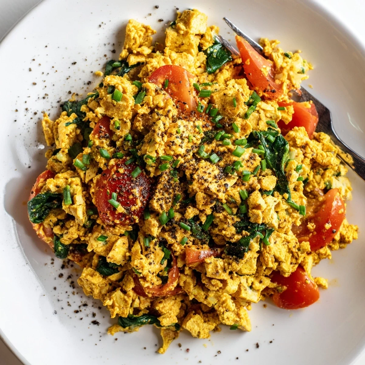 Hearty Tofu Scramble topped with chopped chives, served with avocado toast
