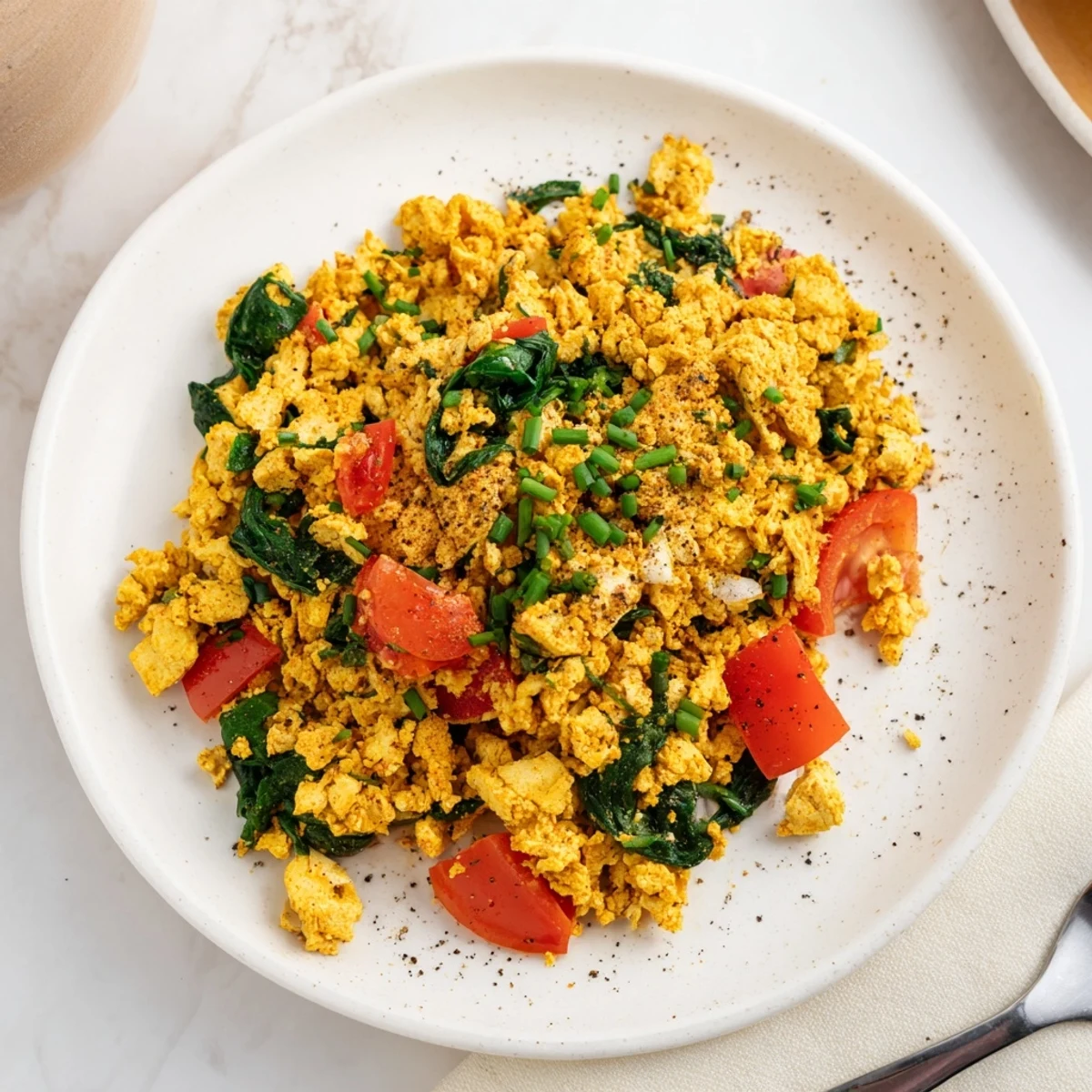 Bright golden Tofu Scramble flecked with turmeric, cumin-scented and creamy