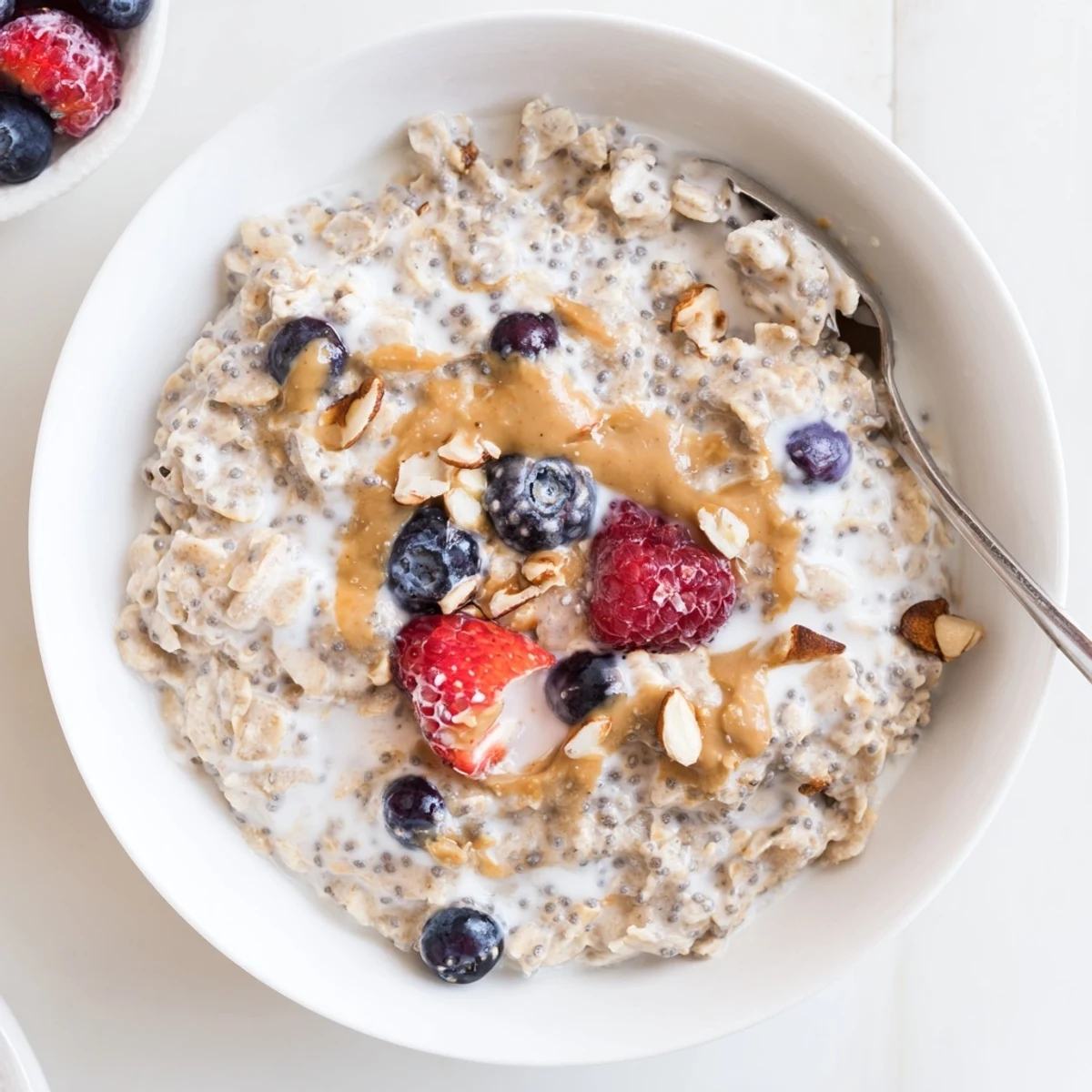 Creamy Protein Overnight Oats topped with fresh berries and chopped nuts