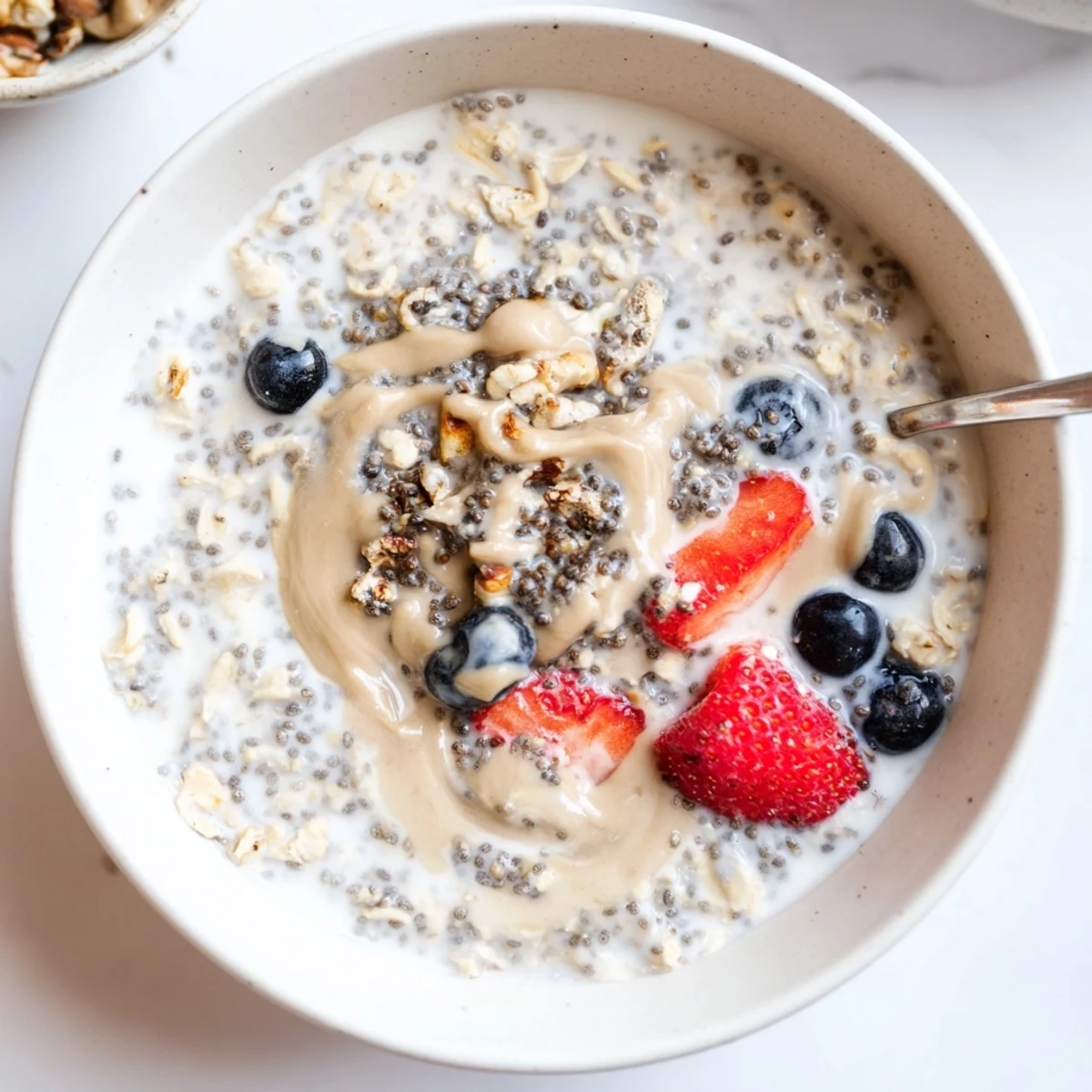 Chilled Protein Overnight Oats stirred smooth, garnished with nut butter drizzle