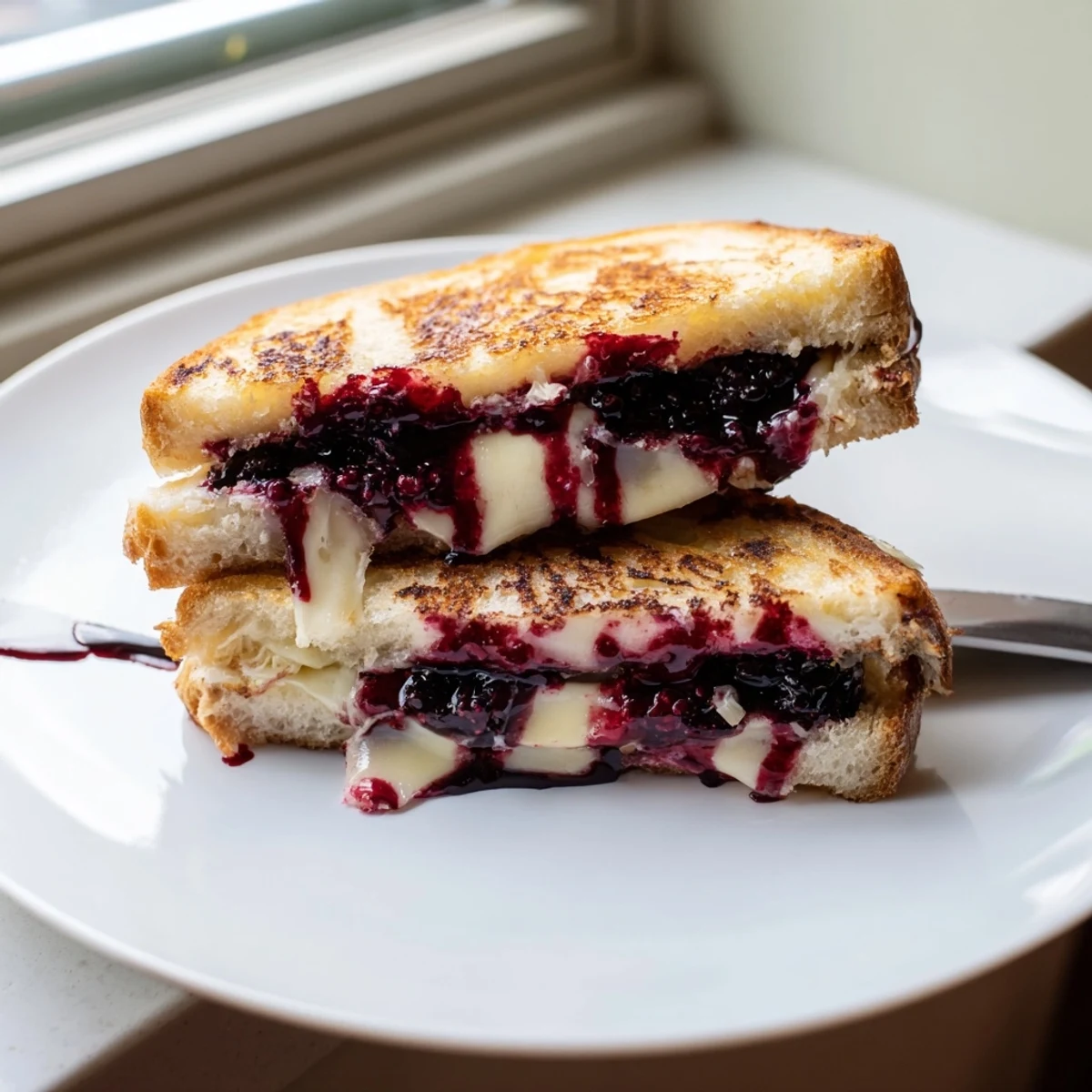 Toasty Blackberry Balsamic and Brie Grilled Cheese oozing melted fruit-tinted cheese