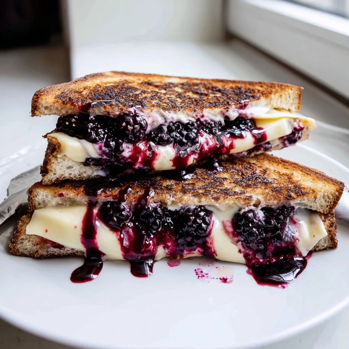 Sliced Blackberry Balsamic and Brie Grilled Cheese on skillet, golden-buttered crust