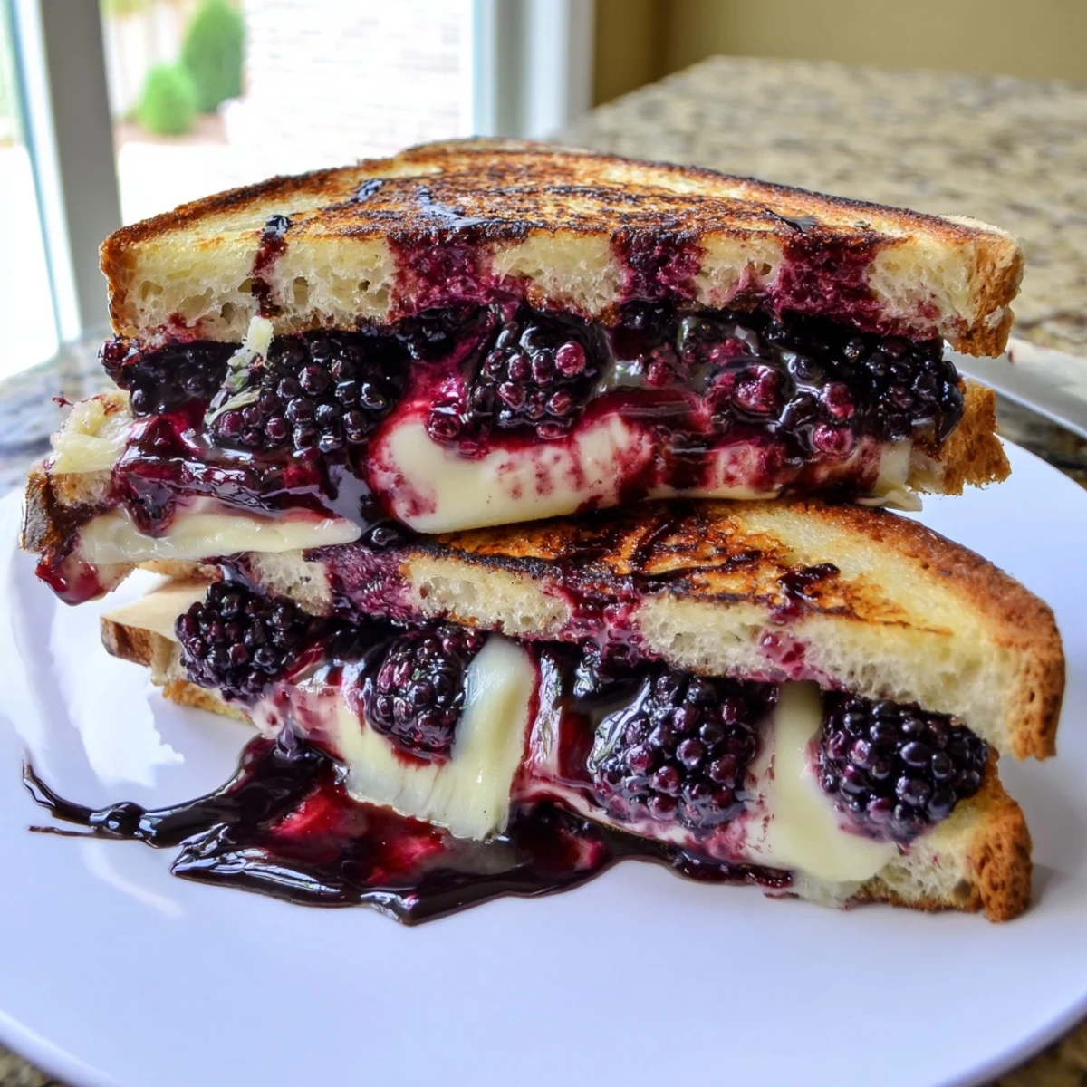Halved Blackberry Balsamic and Brie Grilled Cheese plated warm, berries and balsamic shine