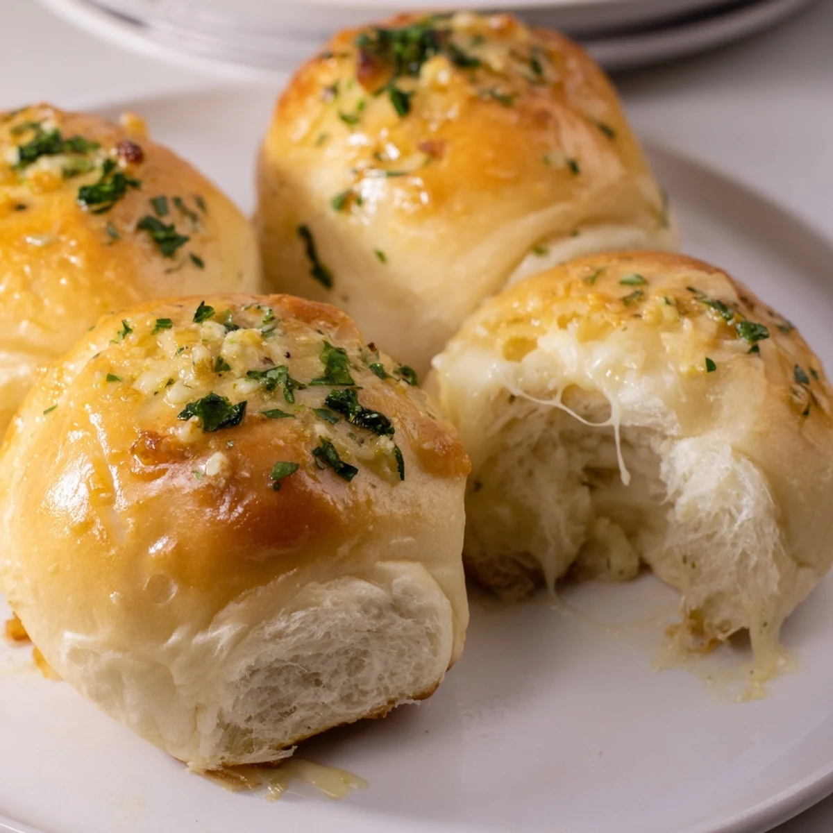 Buttery Cheese Garlic Rolls on parchment, golden tops glistening with garlic butter