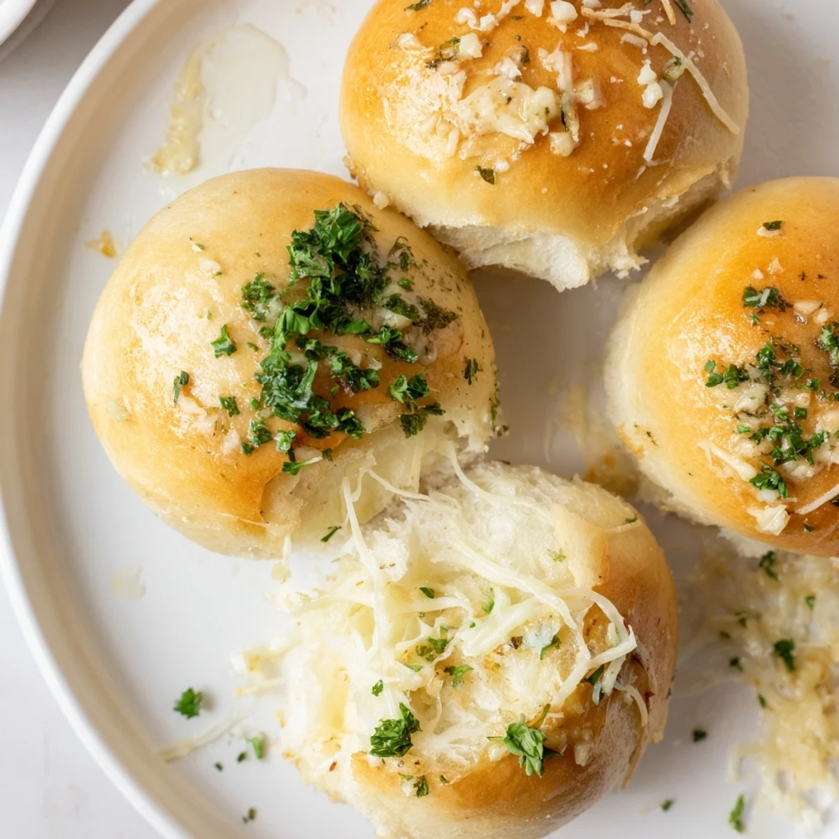 Freshly baked Buttery Cheese Garlic Rolls served beside tomato soup for sharing