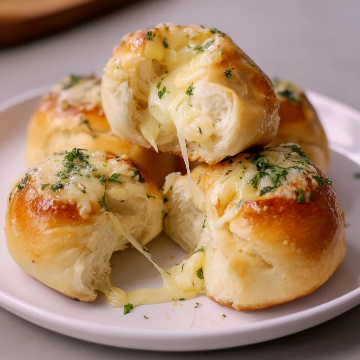 Warm Buttery Cheese Garlic Rolls filled with gooey mozzarella, perfect with marinara