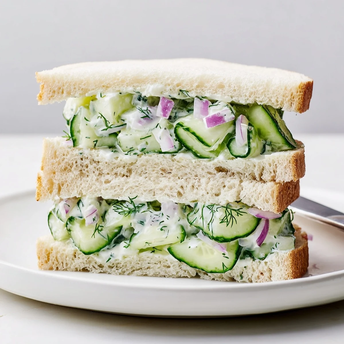 Quick Cucumber Salad Sandwiches with creamy dill dressing on soft white bread.