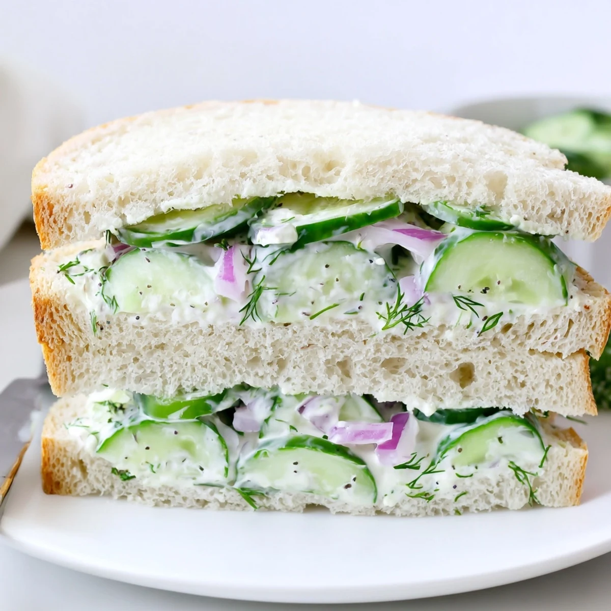 Quick Cucumber Salad Sandwiches layered with thin cucumber rounds, crisp onion, cooling yogurt dressing.