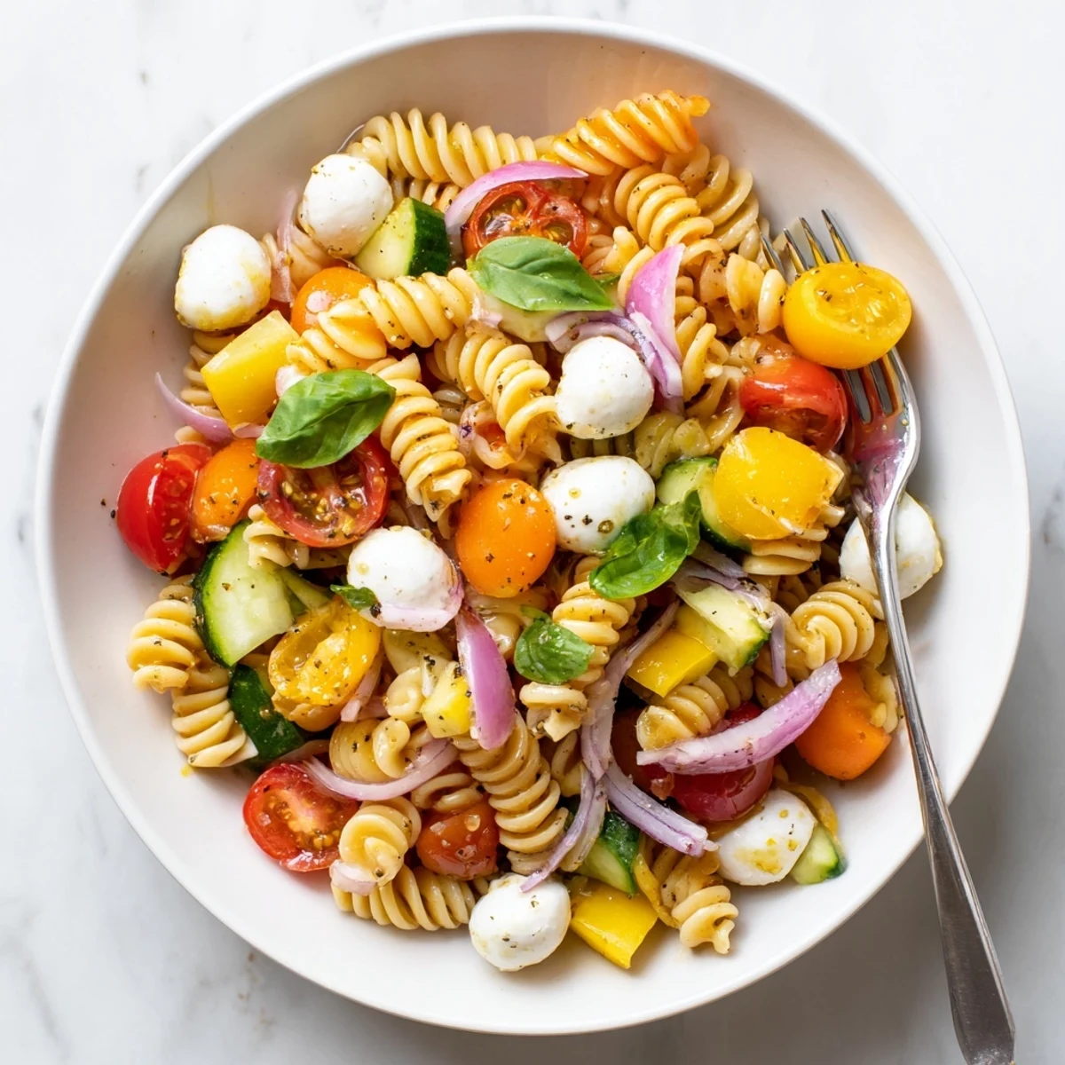 Colorful Caprese Pasta Salad served chilled with glossy cherry tomatoes  