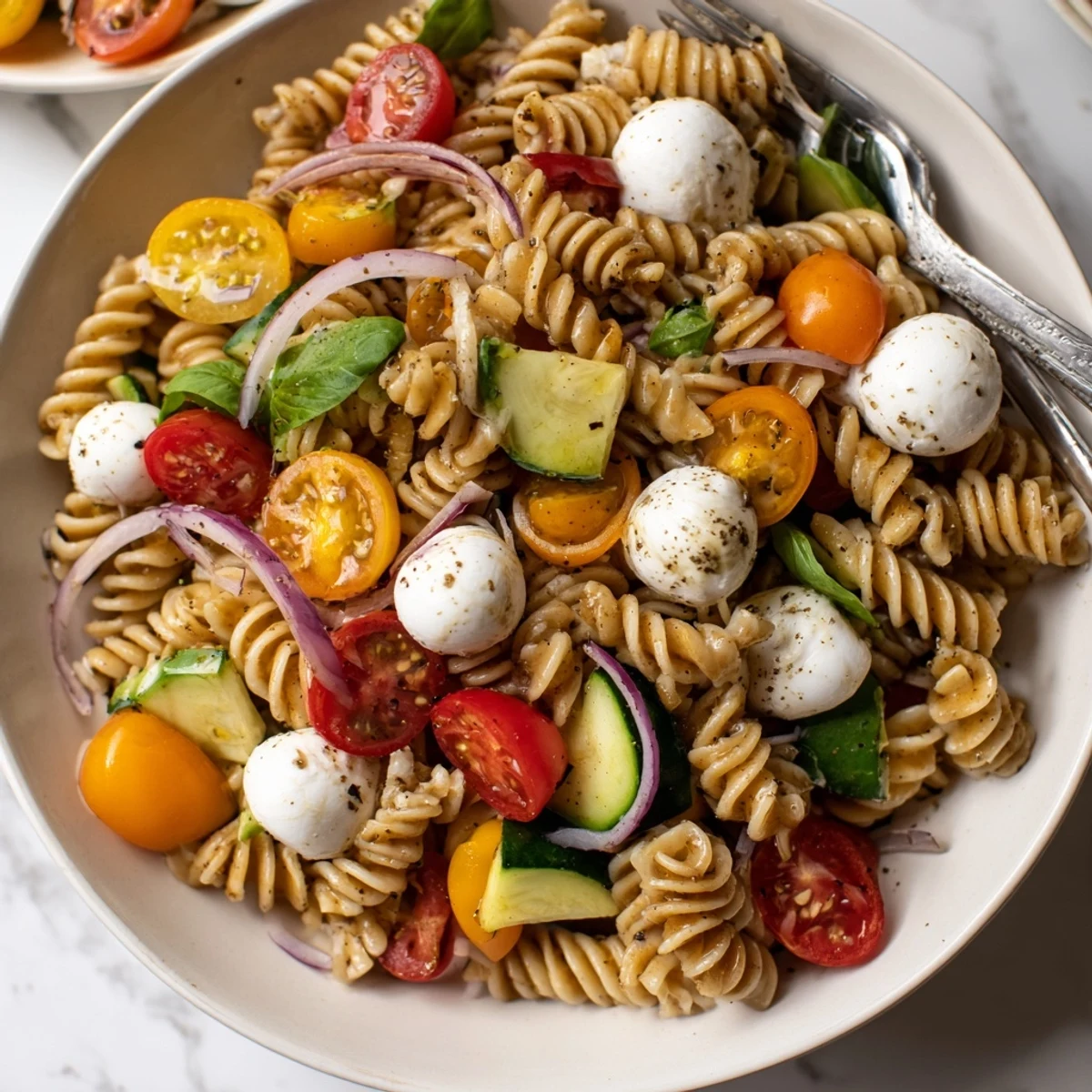 Aromatic Colorful Caprese Pasta Salad tossed in balsamic vinaigrette, ready to serve  