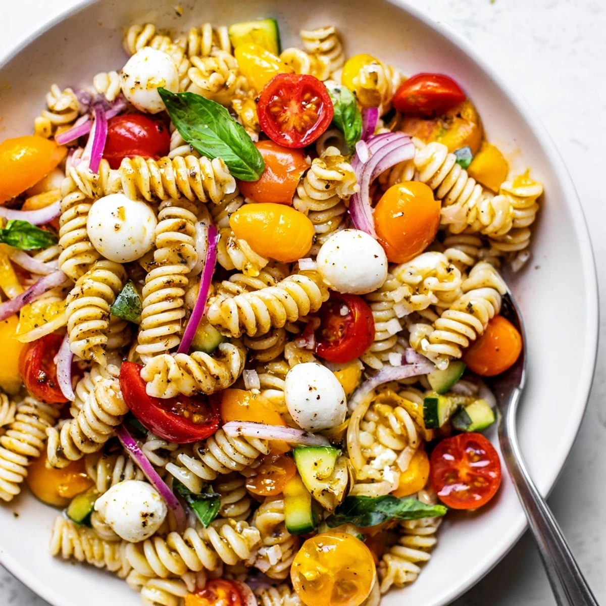 Bright Colorful Caprese Pasta Salad with creamy mozzarella, crunchy cucumber bites