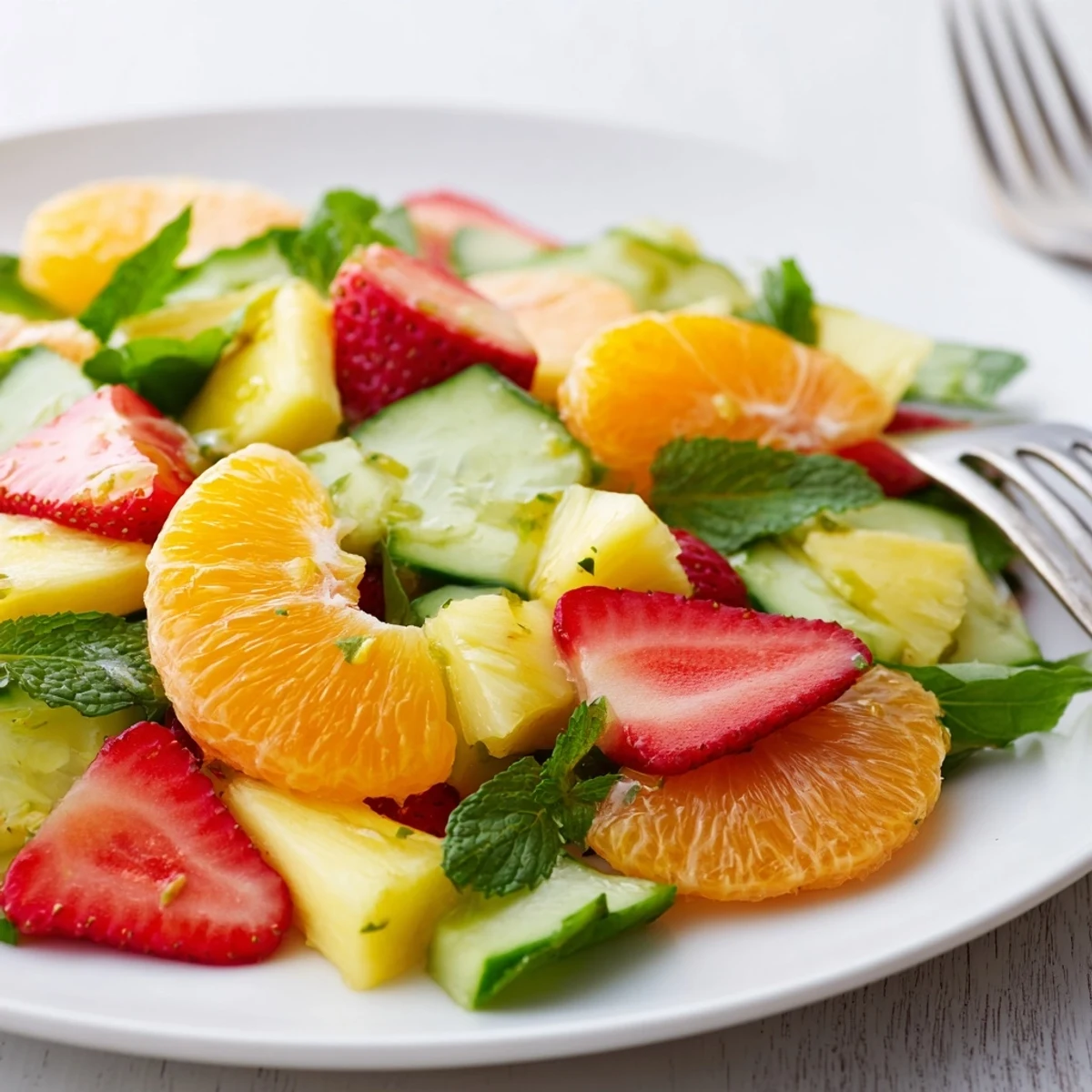Sunshine Salad piled with citrus, strawberries, and mint, drizzled with honey-lime.