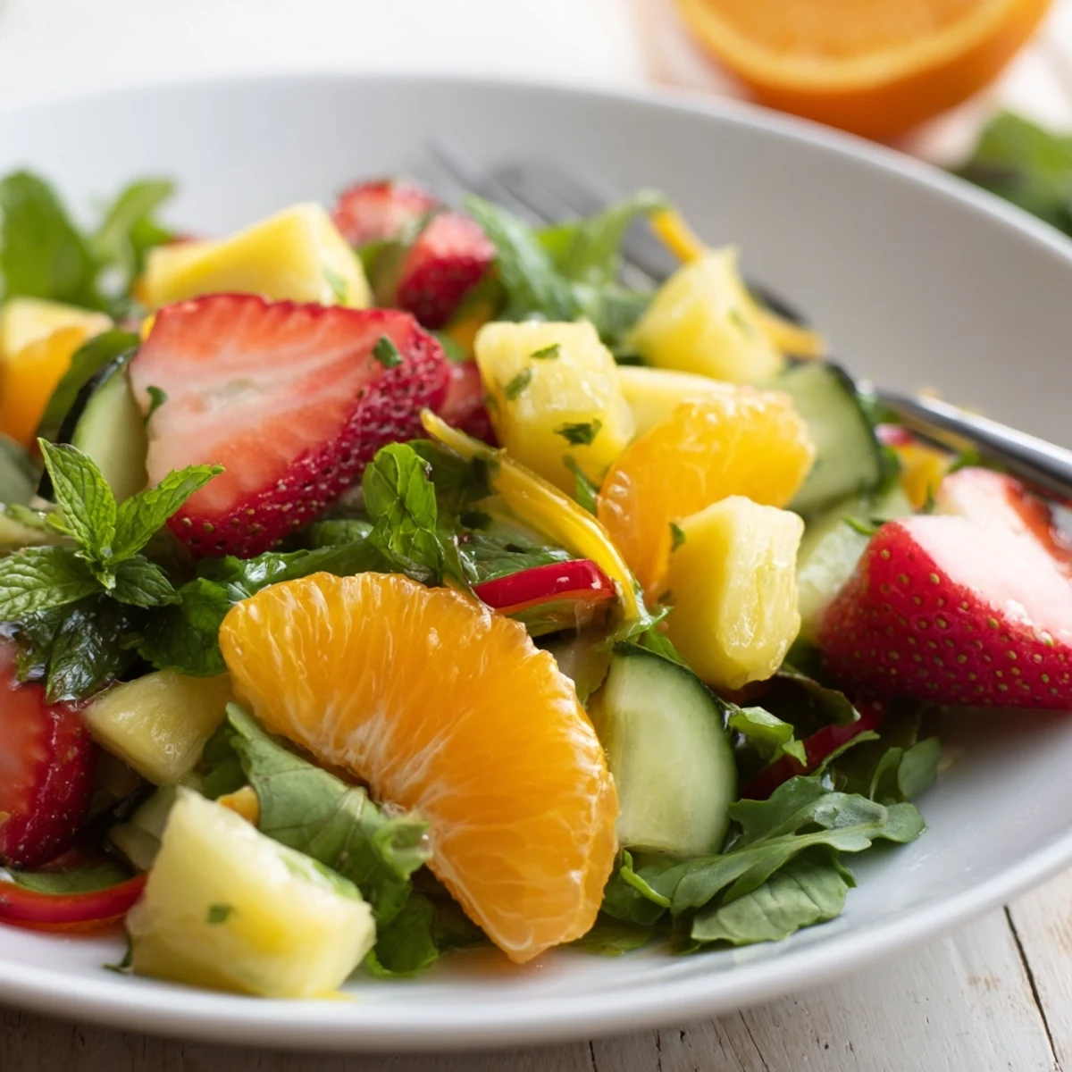 Bright Sunshine Salad on a wooden bowl, crisp cucumber and bell pepper.