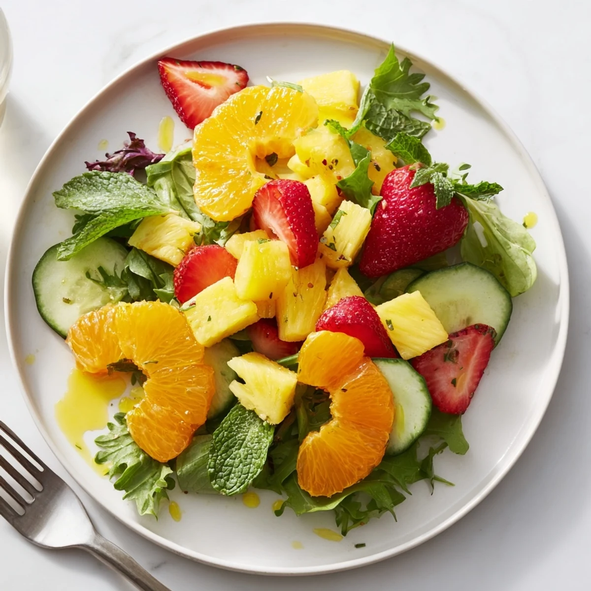 Chilled Sunshine Salad tossed with mint and olive oil, refreshing summer side.
