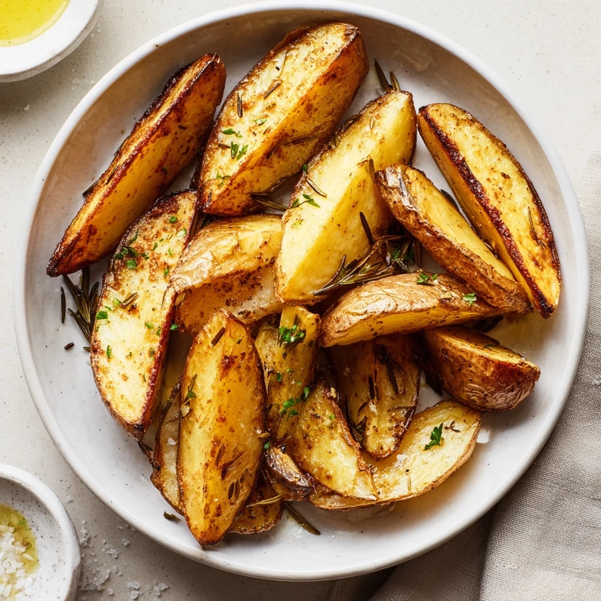 Golden oven-baked Potato Wedges, crispy edges and fluffy centers, served hot.