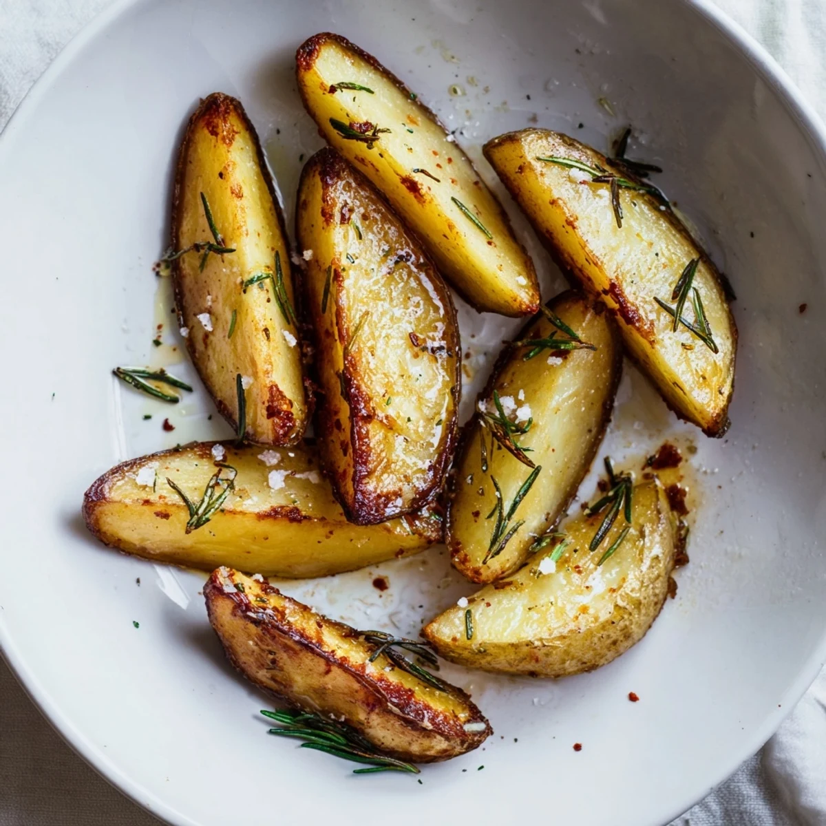 Herb-seasoned Potato Wedges on parchment, fragrant garlic and paprika aroma.