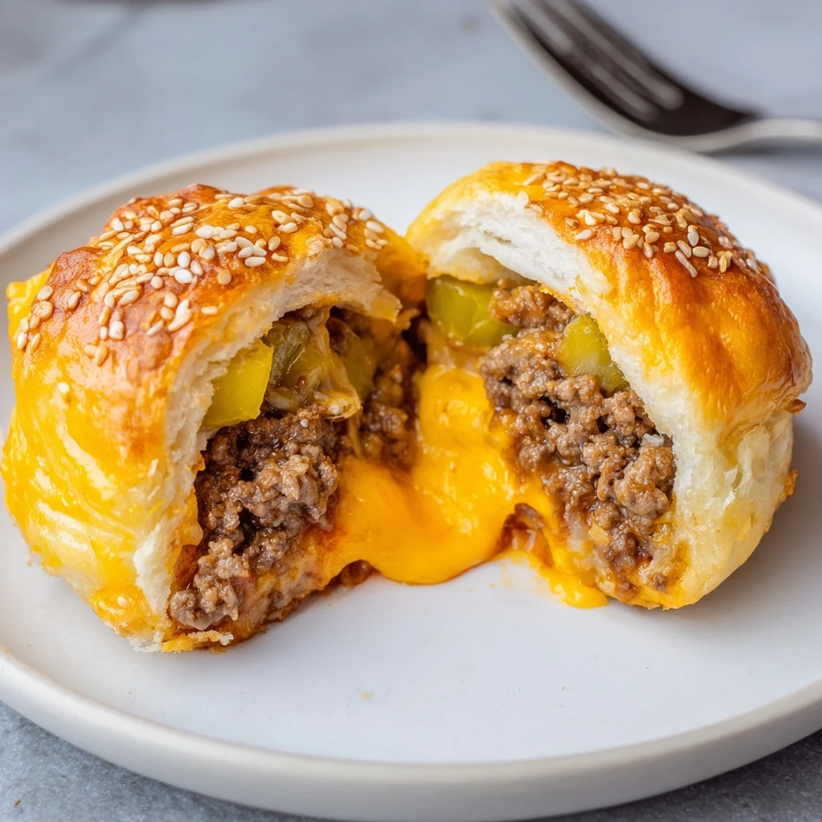 Close-up of warm Cheesy Cheeseburger Bombs oozing melted cheddar, cooling on parchment