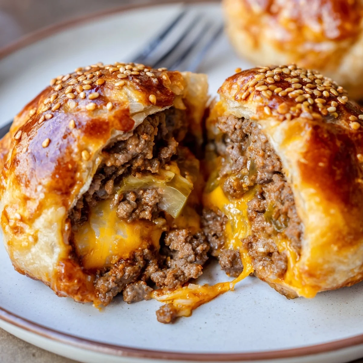 Golden Cheesy Cheeseburger Bombs stuffed with cheese and sesame, served with sauces