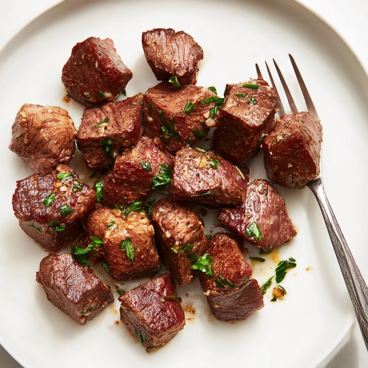 Garlic Butter Steak Bites glistening in butter, seared crust, steaming plate.