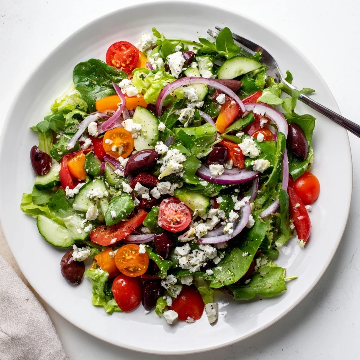Fresh Salad Recipe with crisp cherry tomatoes, cucumber, and lemony olive dressing.