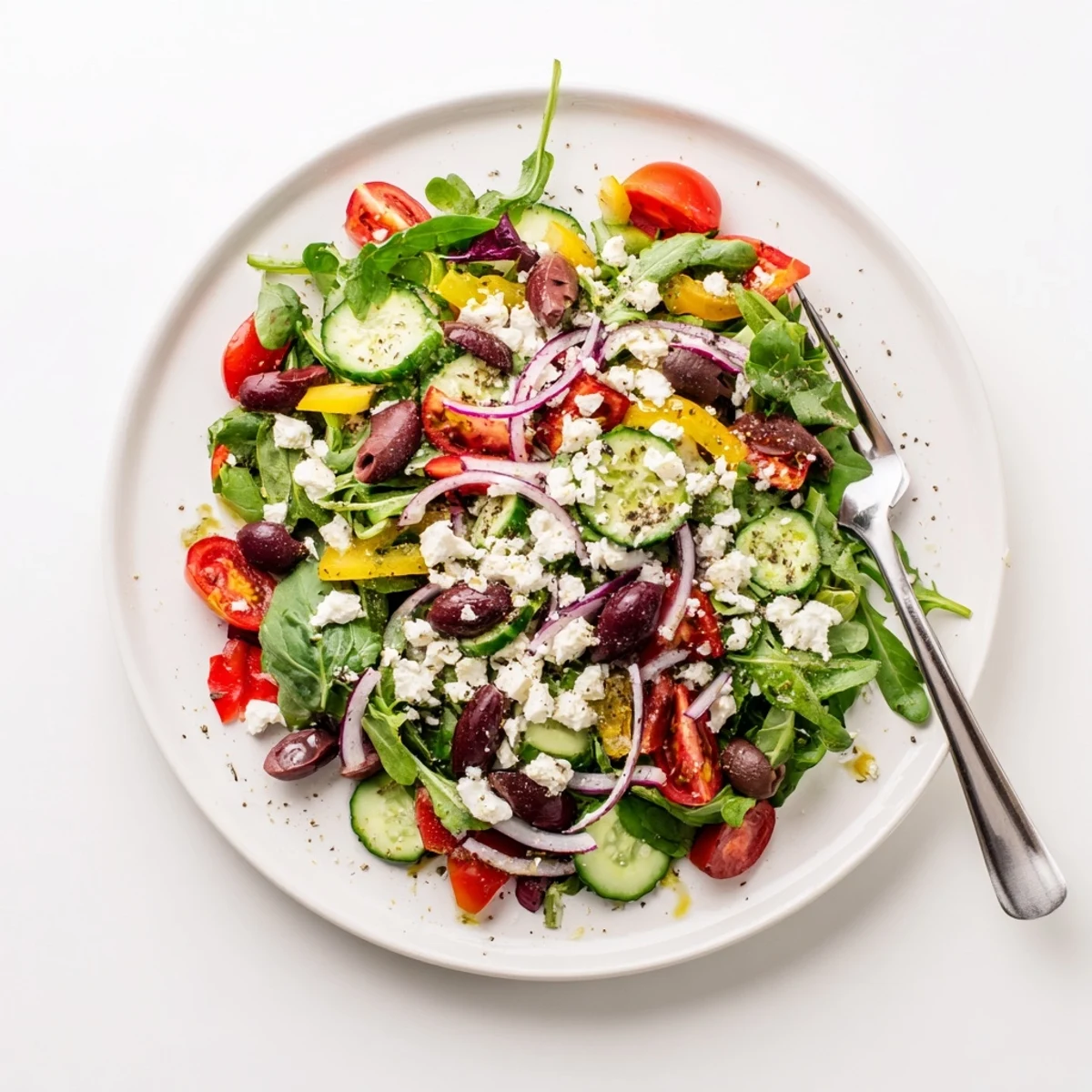 Bright Fresh Salad Recipe tossed in Dijon-honey vinaigrette, feta and olives.