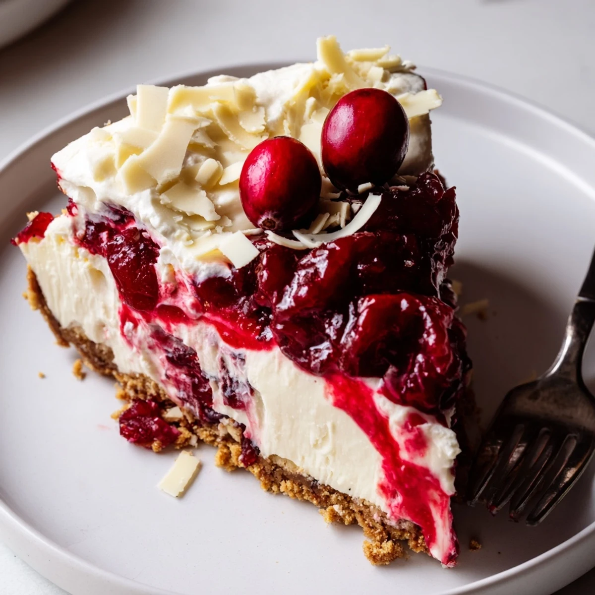 No Bake Cranberry White Chocolate Cheesecake chilled, glossy ruby red topping, creamy white filling