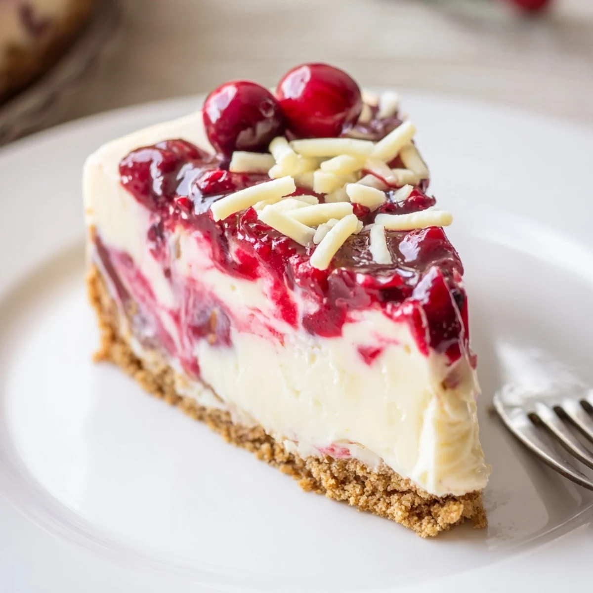 Slice of No Bake Cranberry White Chocolate Cheesecake on plate, buttery cookie crust