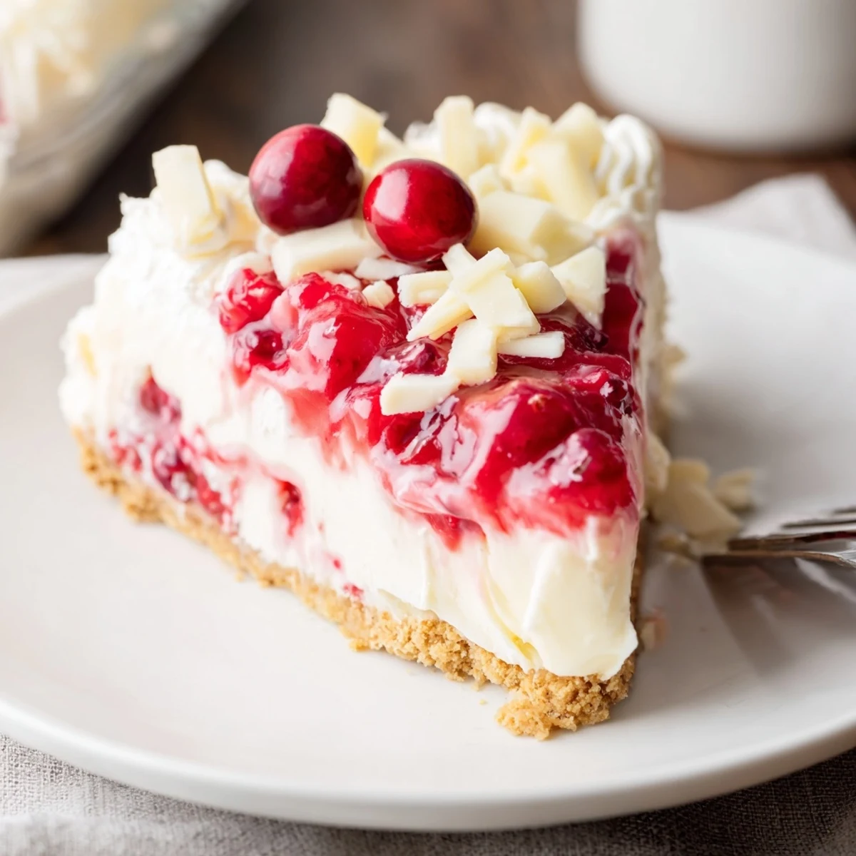 Homemade No Bake Cranberry White Chocolate Cheesecake topped with fresh cranberries, zesty lemon
