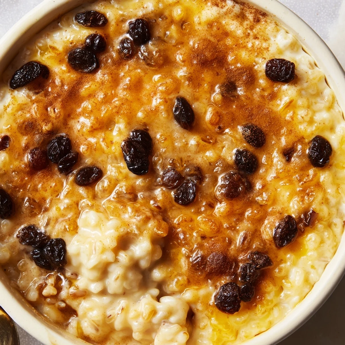 Condensed Milk Baked Rice Pudding with golden crust, steaming, sprinkled cinnamon