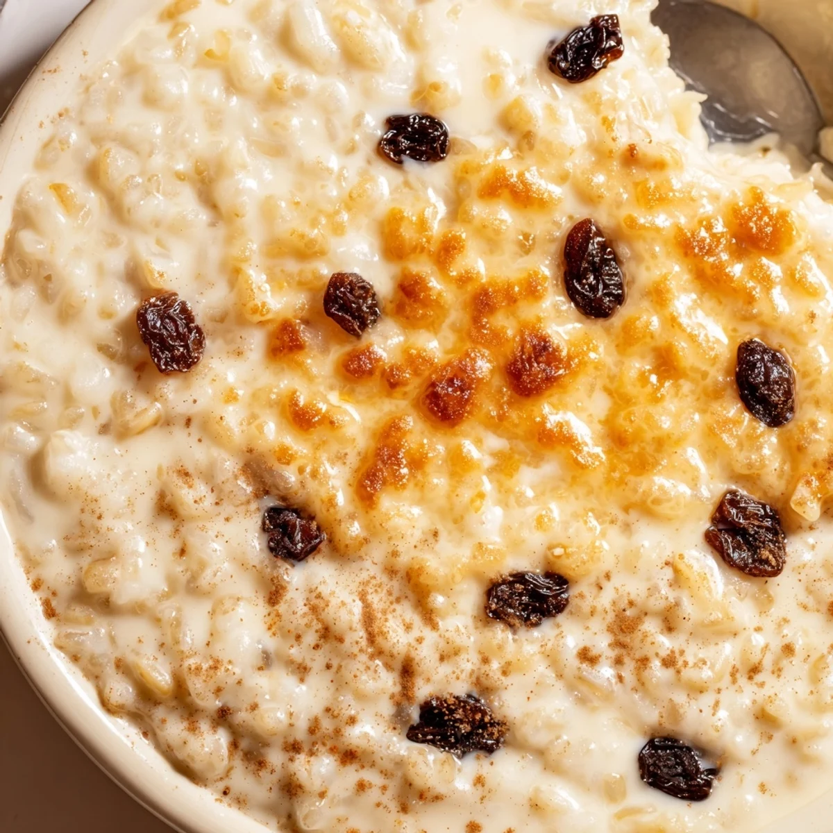 A spoonful reveals creamy Condensed Milk Baked Rice Pudding with raisins