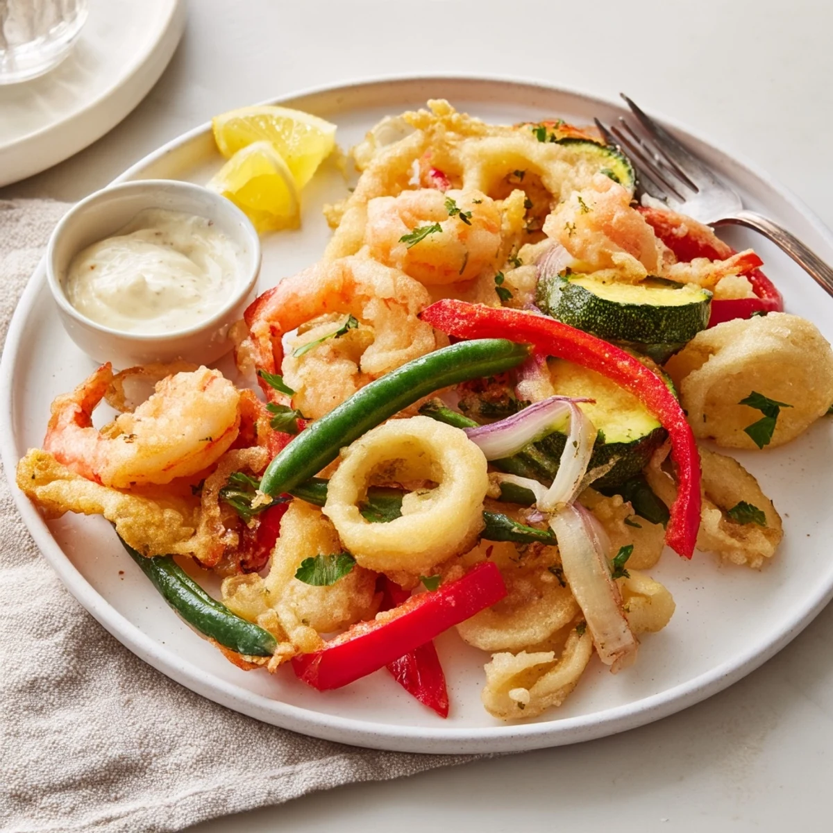 Crispy Shrimp Fritto Misto piled on platter, golden crunch, lemon wedges