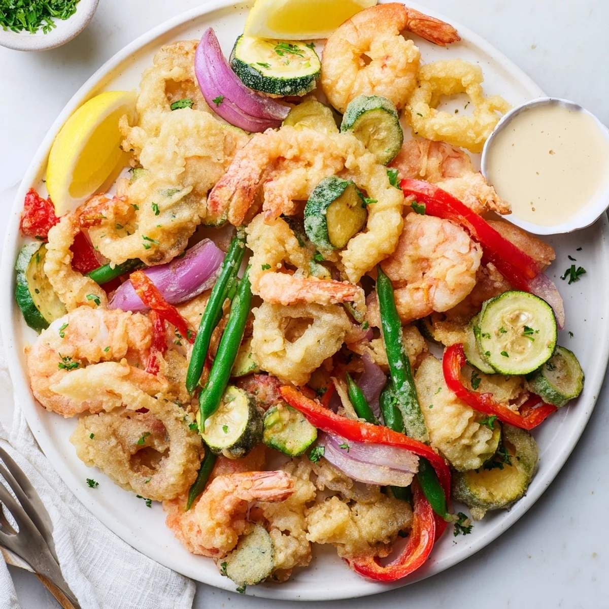 Lightly battered Crispy Shrimp Fritto Misto with parsley, served hot